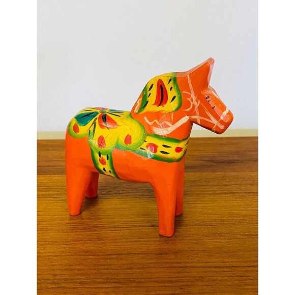 Vintage Orange Dala Horse, Swedish Dala Horse Figurine, Hand Painted Dala Horse